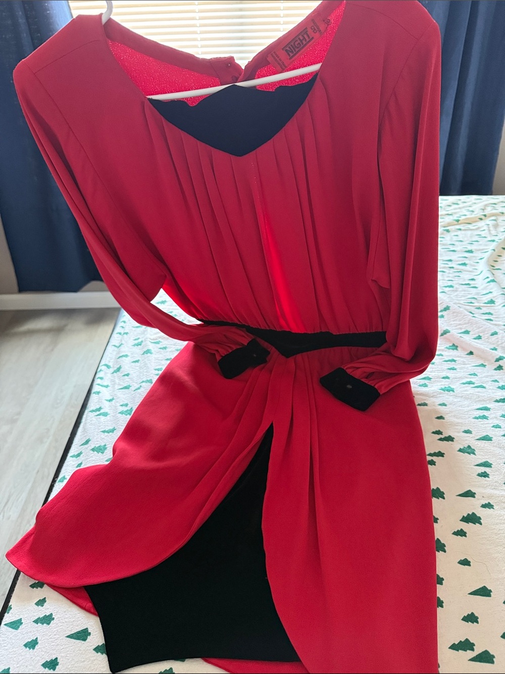 Vintage Valentino Night Red Women's Long Sleeve Dress with Black velvet Accents